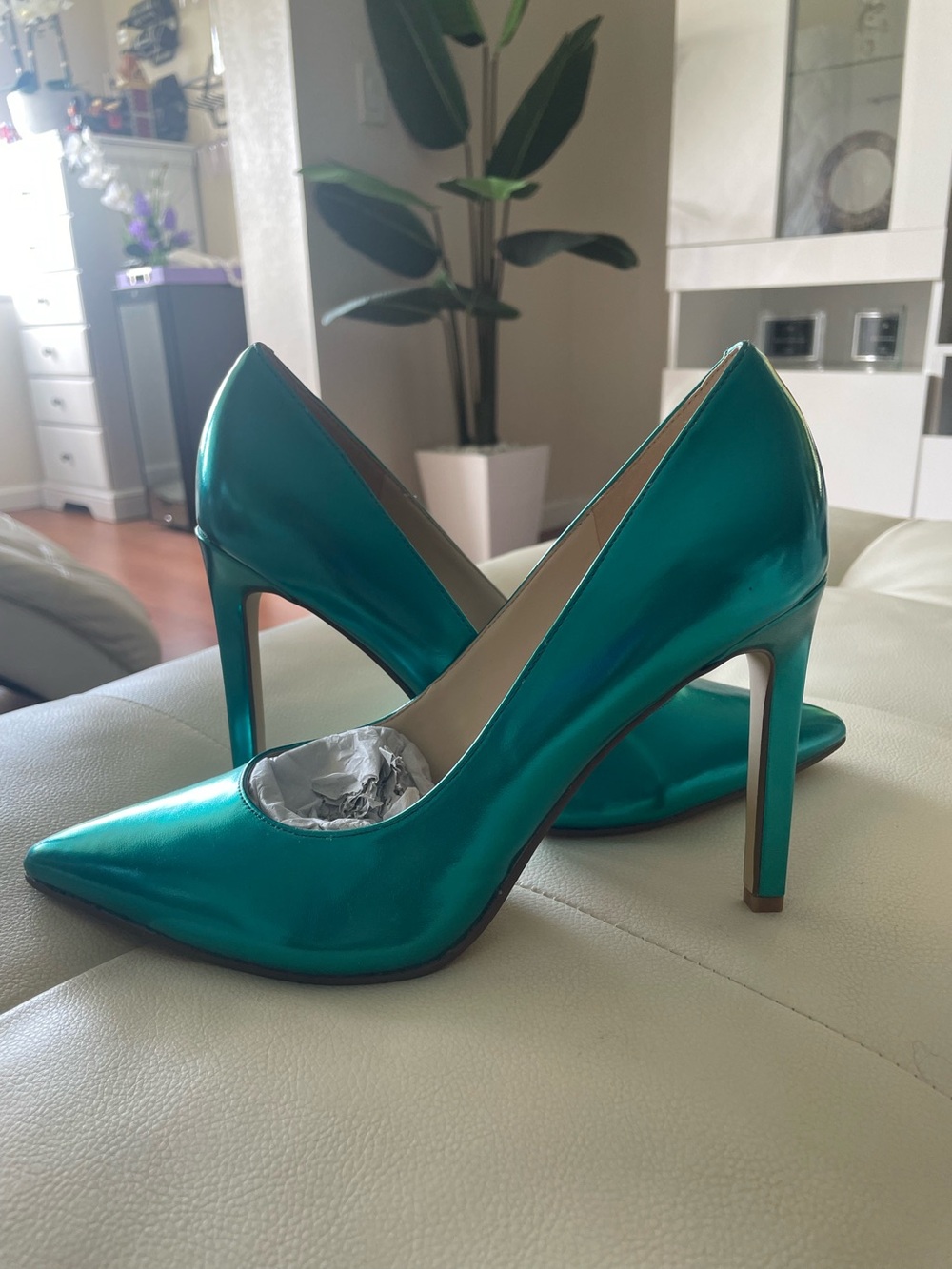 Nine West Metallic Teal Pointed Toe Stilettos - Picture 2 of 9